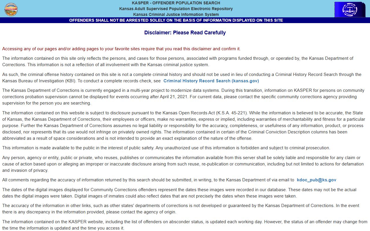 KDOC KASPER locator for Lincoln County inmate population searches